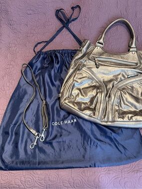 Cole Haan Large Metallic Pewter Bag with Strap, EUC
